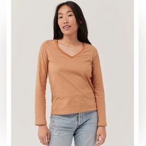 Pact 100% Organic Cotton Amber Stripe V Neck Long‎ Sleeve Tee Orange Fall Size M